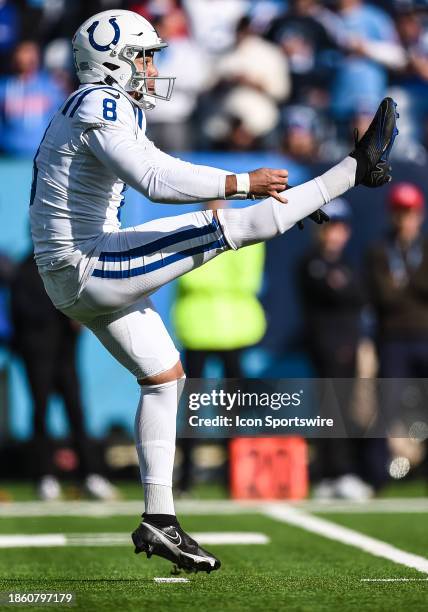 Indianapolis Colts punter Rigoberto Sanchez punts the ball during the NFL game between the Tennessee Titans and the Indianapolis Colts on December 3...