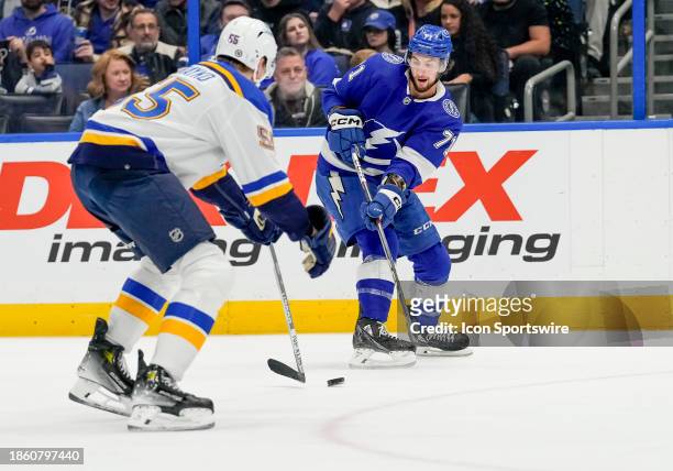 Tampa Bay Lightning center Anthony Cirelli and St. Louis Blues defenseman Colton Parayko during the NHL Hockey match between the Tampa Bay Lightning...
