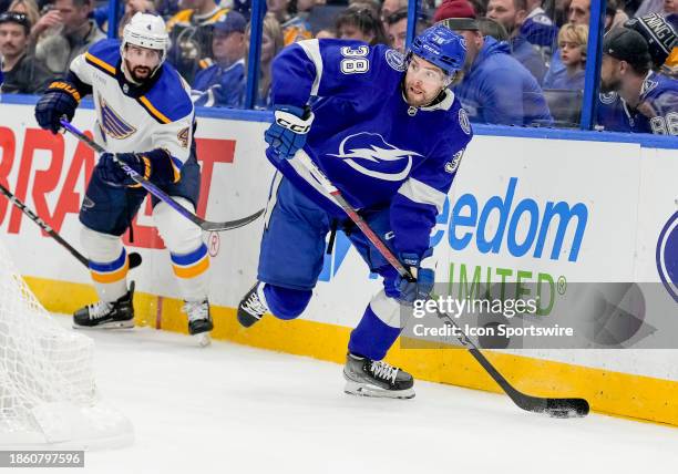 Tampa Bay Lightning left wing Brandon Hagel looks to make a pass during the NHL Hockey match between the Tampa Bay Lightning and St Louis Blues on...