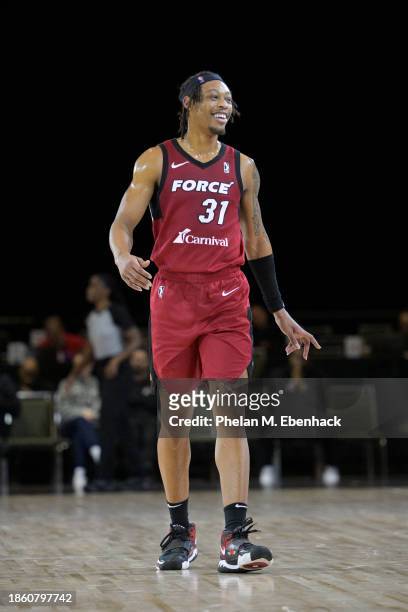 Alondes Williams of the Sioux Falls Skyforce smiles during the game against the Raptors 905 during the 2023 G League Winter Showcase on December 19,...