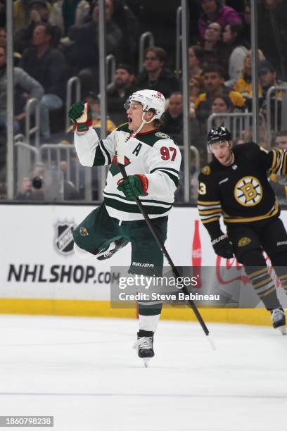 Kirill Kaprizov of the Minnesota Wild celebrates the overtime goal against the Boston Bruins on December 19, 2023 at the TD Garden in Boston,...