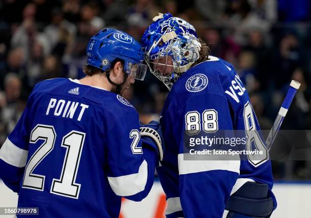 Tampa Bay Lightning goaltender Andrei Vasilevskiy and Tampa Bay Lightning center Brayden Point during the NHL Hockey match between the Tampa Bay...