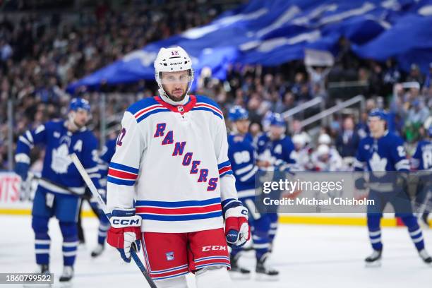 Nick Bonino of the New York Rangers looks on before a face off against the Toronto Maple Leafs at Scotiabank Arena on December 19, 2023 in Toronto,...