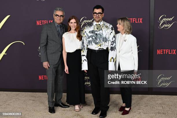 Canadian actors Eugene Levy, Sarah Levy, Daniel Levy and screenwriter Deborah Divine attend the premiere of "Good Grief" at the Egyptian Theatre in...