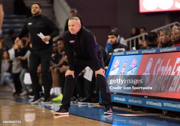 Cal State Northridge Matadors head coach Andy Newman watches game action during the game between UCLA and CSUN on December 19 at Pauley Pavilion in...