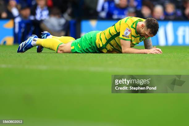 Shane Duffy of Norwich City reacts during the Sky Bet Championship match between Ipswich Town and Norwich City at Portman Road on December 16, 2023...