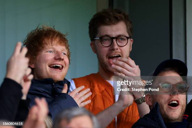 Singer-songwriter Ed Sheeran is seen in the stands during the Sky Bet Championship match between Ipswich Town and Norwich City at Portman Road on...