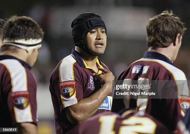 Toutai Kefu of the Reds talks to his players after another Blues try during the Super 12 game between the Blues and the Queensland Reds at ITM...