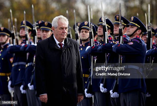 Czech President Milos Zeman inspects the hoonour guard during an Independence Day ceremony at Vitkov Hill on October 28, 2013 in Prague, Czech...