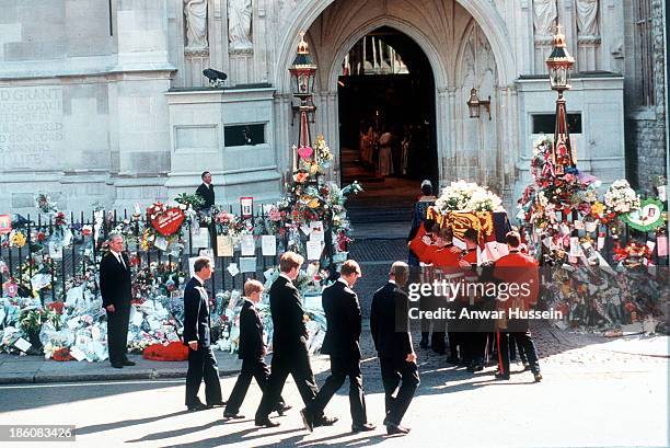 Earl Spencer, Prince William, Prince Harry, Prince Charles and the Duke of Edinburgh follow the coffin to the funeral cortege of Diana, Princess of...