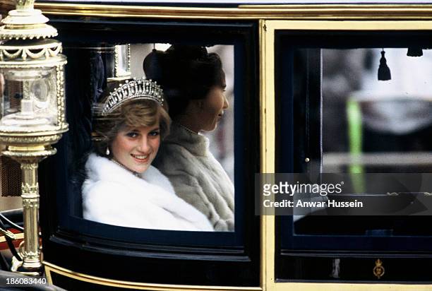 Princess Diana, Princess of Wales on her way to the State Opening of Parliament with Princess Anne on November 04 1981 in London, England. She is...