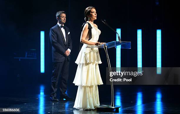 Princess Mary of Denmark speaks at the Sydney Opera House as Prince Frederik of Denmark looks on as they attend the Crown Prince Couple Awards 2013...