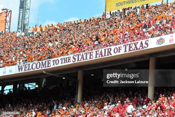 General view of the Cotton Bowl crowd during the Red River Shootout between the Oklahoma Sooners and the Texas Longhorns on October 12, 2013 at The...