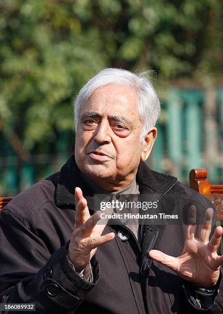 Peoples Democratic Party Chief Mufti Mohammad Sayeed addressing a press conference regarding ceasefire violations along the border by Pakistan at his...