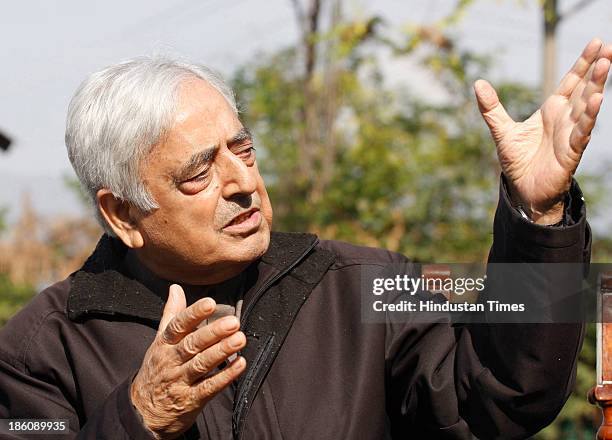 Peoples Democratic Party Chief Mufti Mohammad Sayeed addressing a press conference regarding ceasefire violations along the border by Pakistan at his...