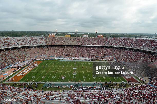 General view of the Cotton Bowl during the Red River Shootout between the Oklahoma Sooners and the Texas Longhorns on October 12, 2013 at The Cotton...