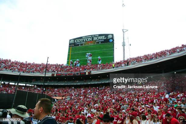 General view of the Cotton Bowl crowd during the Red River Shootout between the Oklahoma Sooners and the Texas Longhorns on October 12, 2013 at The...