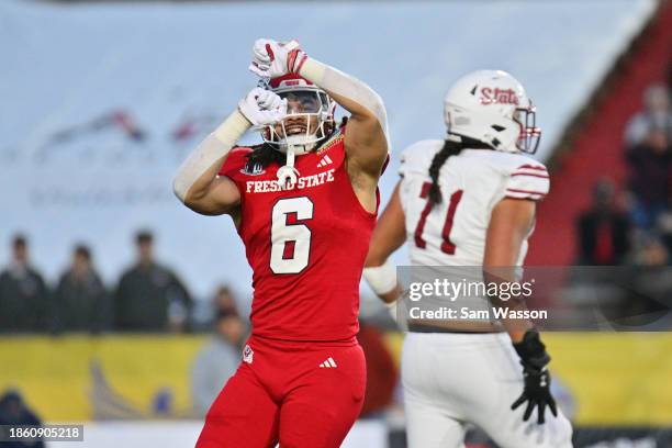 Linebacker Levelle Bailey of the Fresno State Bulldogs celebrates after sacking quarterback Diego Pavia of the New Mexico State Aggies during the...