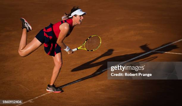 Johanna Konta of Great Britain in action against Garbine Muguruza of Spain in the third round of the Internazionali BNL d'Italia on September 18,...