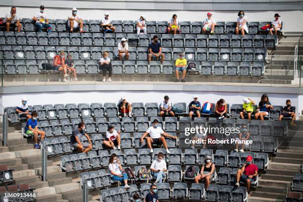 Fans sit in the stadium respecting Covid social distancing rules during the semi-final of the Internazionali BNL d'Italia on September 20, 2020 in...