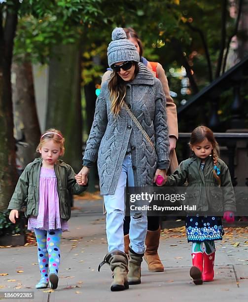 Actress Sarah Jessica Parker, Marion Loretta Elwell Broderick and Tabitha Hodge Broderick are seen in the West Village on October 28, 2013 in New...