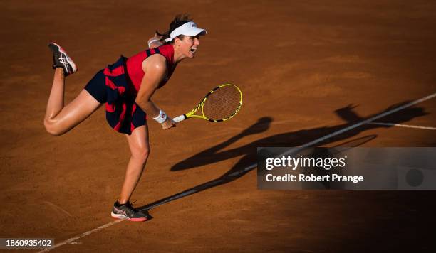 Johanna Konta of Great Britain in action against Garbine Muguruza of Spain in the third round of the Internazionali BNL d'Italia on September 18,...