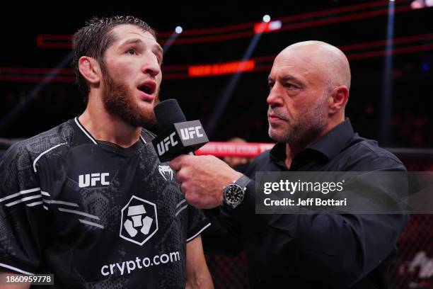 Tagir Ulanbekov of Russia is interviewed by Joe Rogan in a flyweight fight during the UFC 296 event at T-Mobile Arena on December 16, 2023 in Las...