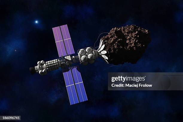 spaceship mining asteroid - asteroid stock illustrations