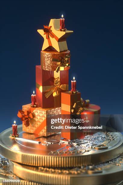 christmas gift boxes on a stack of euro coins - christmas cash stock-grafiken, -clipart, -cartoons und -symbole