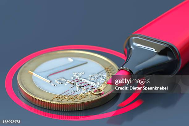 red highlighter beside a one euro coin - 1 euro stock-grafiken, -clipart, -cartoons und -symbole