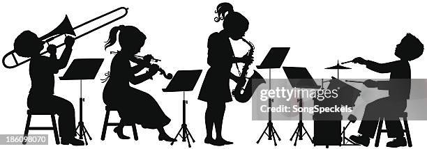 children playing music - playing drums stock illustrations