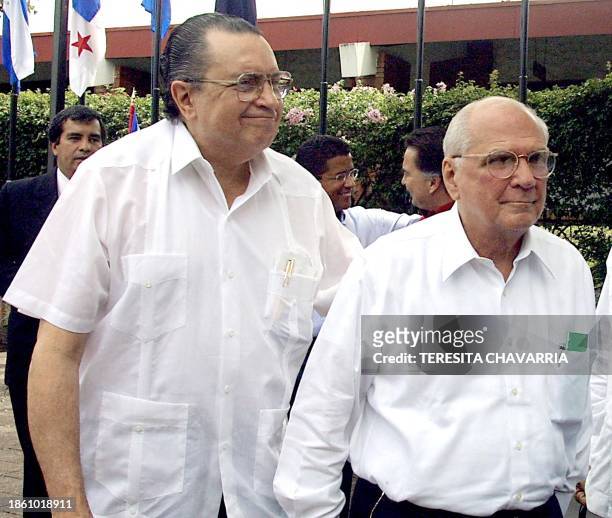 The president of Costa Rica, Abel Pachecvo, accompanied by the president of Nicaragua Enrique Bolanos, during inaugural ceremonies of the Central...