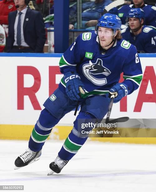 Brock Boeser of the Vancouver Canucks skates up ice during their NHL game against the Florida Panthers at Rogers Arena on December 14, 2023 in...