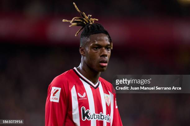 Nico Williams of Athletic Club looks on during the LaLiga EA Sports match between Athletic Bilbao and Atletico Madrid at Estadio de San Mames on...