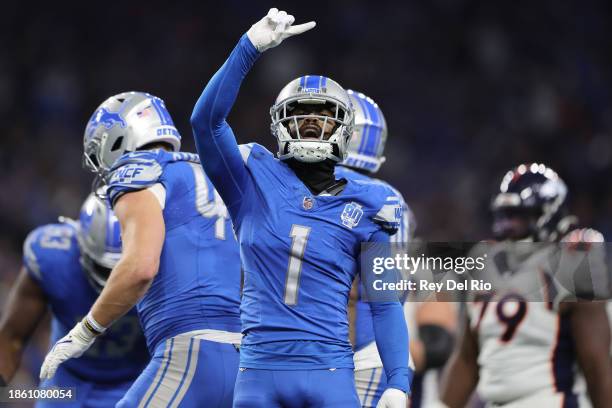 Cameron Sutton of the Detroit Lions reacts after a stop during the first half against the Denver Broncos at Ford Field on December 16, 2023 in...