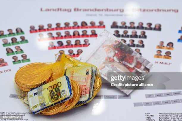 December 2023, Brandenburg, Potsdam: Chocolate coins lie on the tables of the MPs, who were given chocolate coins by Finance Minister Lange before...