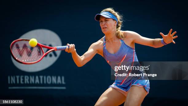 Eugenie Bouchard of Canada in action against Veronika Kudermetova of Russia during the first round of the Prague Open on August 10, 2020 in Prague,...