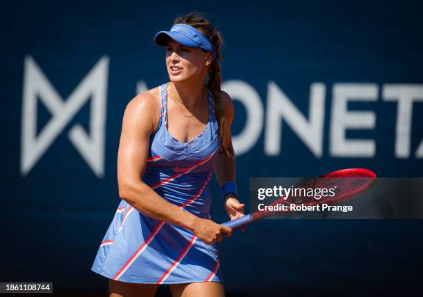 Eugenie Bouchard of Canada in action against Tamara Zidansek of Slovenia during the second round of the Prague Open on August 13, 2020 in Prague,...