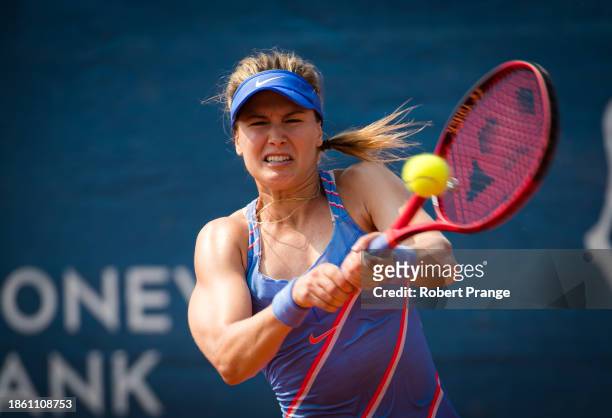 Eugenie Bouchard of Canada in action against Elise Mertens of Belgium during the quarter-final of the Prague Open on August 14, 2020 in Prague, Czech...