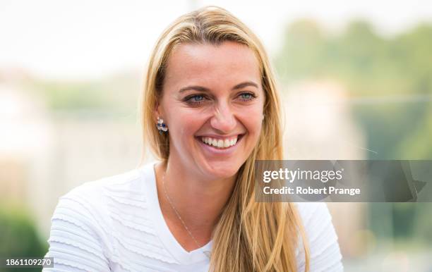 Petra Kvitova of the Czech Republic during a TV interview at the Prague Open on August 10, 2020 in Prague, Czech Republic