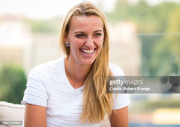 Petra Kvitova of the Czech Republic during a TV interview at the Prague Open on August 10, 2020 in Prague, Czech Republic