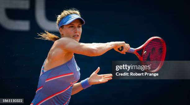 Eugenie Bouchard of Canada in action against Veronika Kudermetova of Russia during the first round of the Prague Open on August 10, 2020 in Prague,...