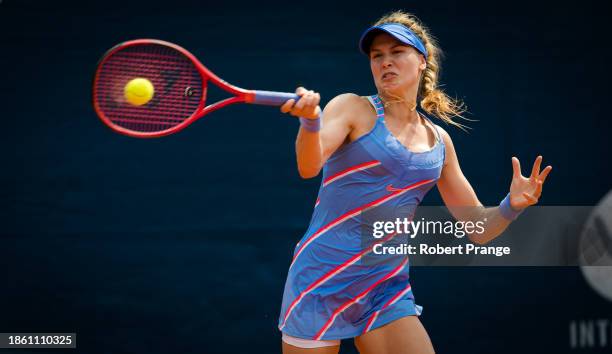 Eugenie Bouchard of Canada in action against Veronika Kudermetova of Russia during the first round of the Prague Open on August 10, 2020 in Prague,...