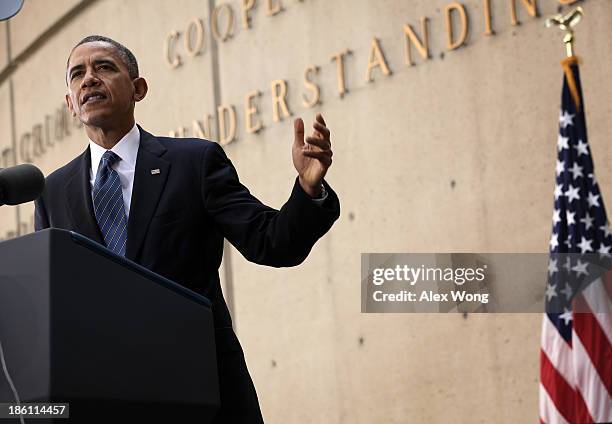 President Barack Obama makes remarks during a ceremonial swearing-in of FBI Director James Comey at the FBI Headquarters October 28, 2013 in...