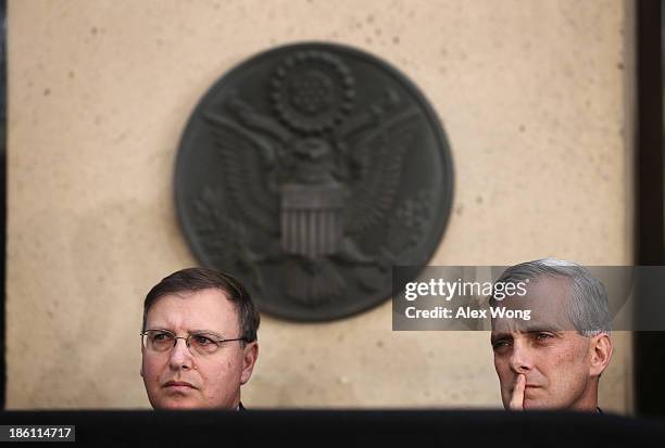 White Houe Chief of Staff Denis McDonough attends the ceremonial swearing-in of FBI Director James Comey at the FBI Headquarters October 28, 2013 in...