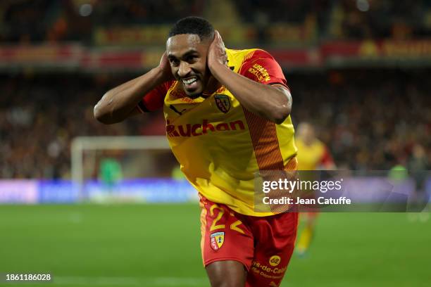 Wesley Said of Lens celebrates his goal during the Ligue 1 Uber Eats match between RC Lens and Stade de Reims at Stade Bollaert-Delelis on December...