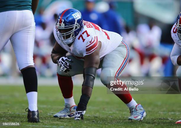 Kevin Boothe of the New York Giants in action against the Philadelphia Eagles during their game at Lincoln Financial Field on October 27, 2013 in...