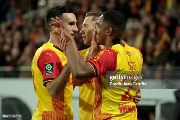 Wesley Said of Lens celebrates his goal with Adrien Thomasson during the Ligue 1 Uber Eats match between RC Lens and Stade de Reims at Stade...