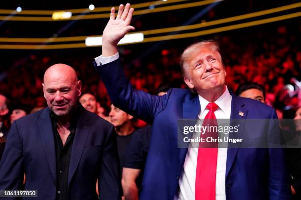 President Dana White and former United States president Donald Trump attend the UFC 296 event at T-Mobile Arena on December 16, 2023 in Las Vegas,...