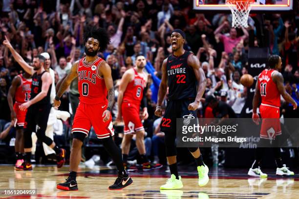 Jimmy Butler of the Miami Heat reacts after making a game winning basket against the Chicago Bulls at Kaseya Center on December 16, 2023 in Miami,...